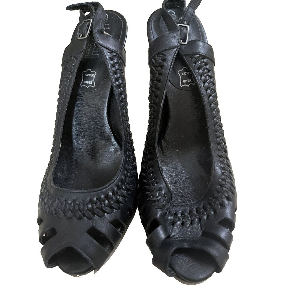 Cathy Jean Shoes Leather Open Toe Block High Heel Strappy Sandal Vintage Black 7